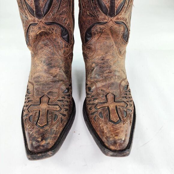 J.B. Dillon Cowboy Western Winged Cross Embroidered Cut Out US 8 B Snip-Toe Boot - Picture 8 of 14